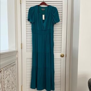 Anthropologie Blue Puff Sleeve Plunge Neck Sundress